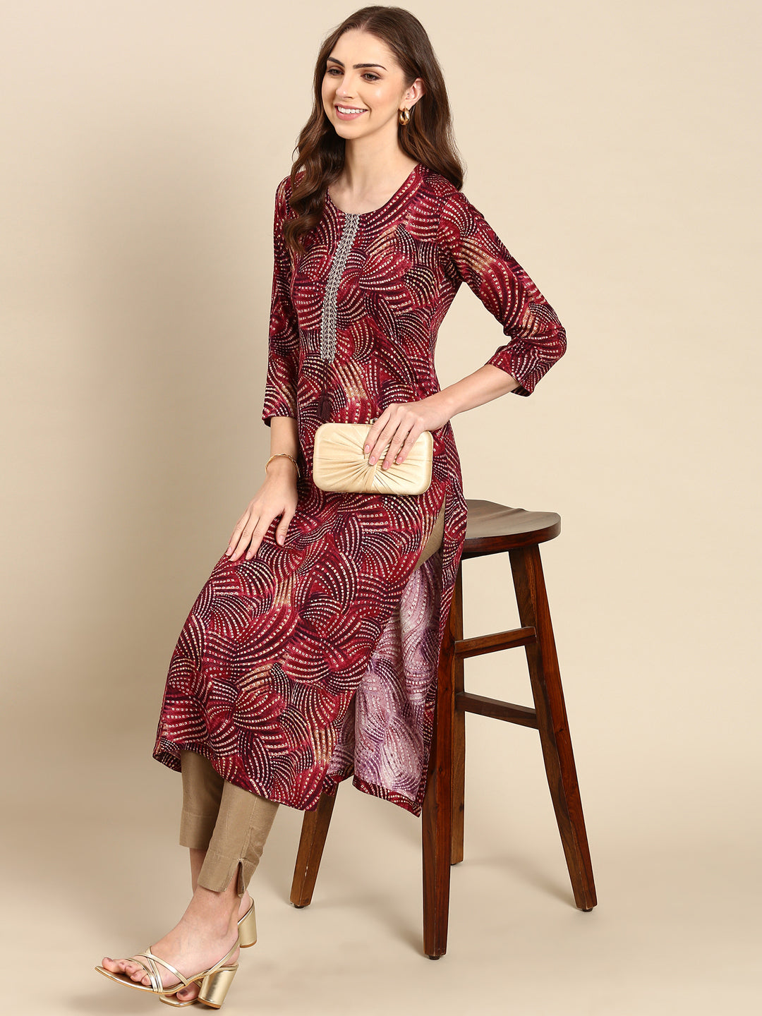 Women's Burgundy Printed Straight Kurta