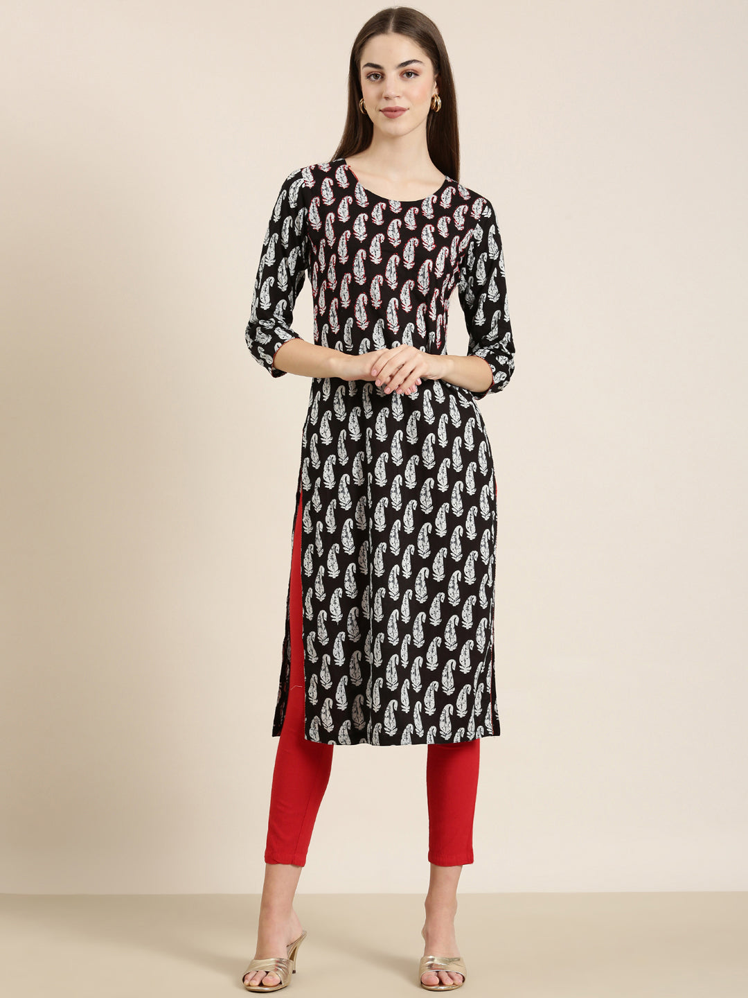 Women Black Printed Straight Kurta