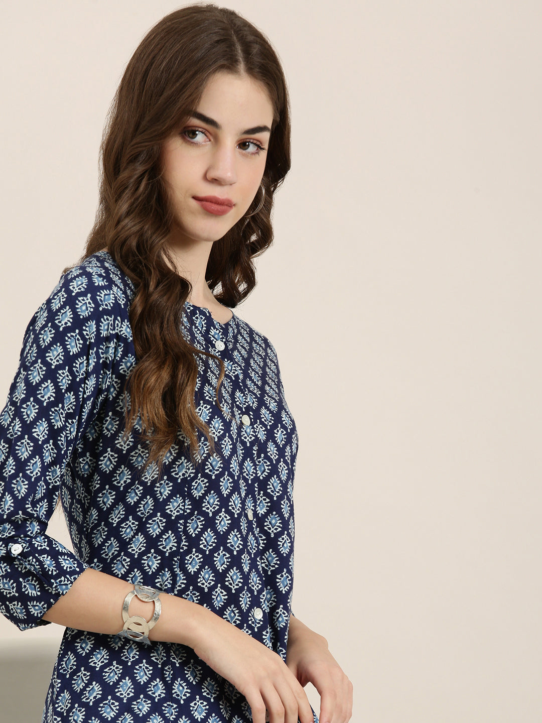 Women Navy Blue Printed A-Line Kurta