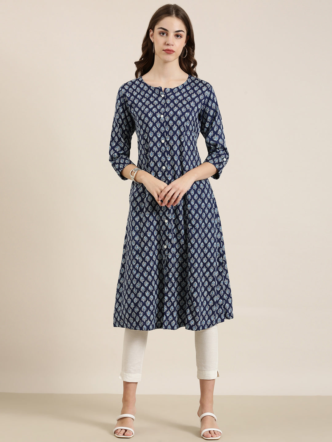 Women Navy Blue Printed A-Line Kurta