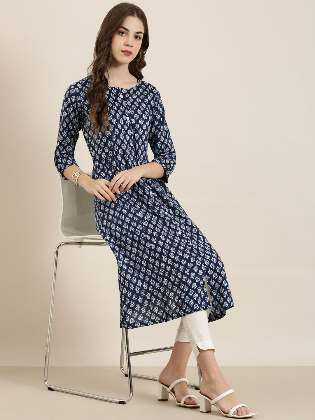 Women Navy Blue Printed A-Line Kurta