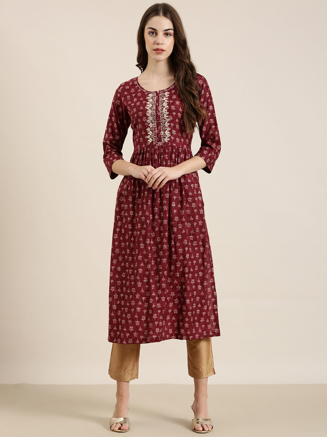 Women Maroon Floral A-Line Kurta