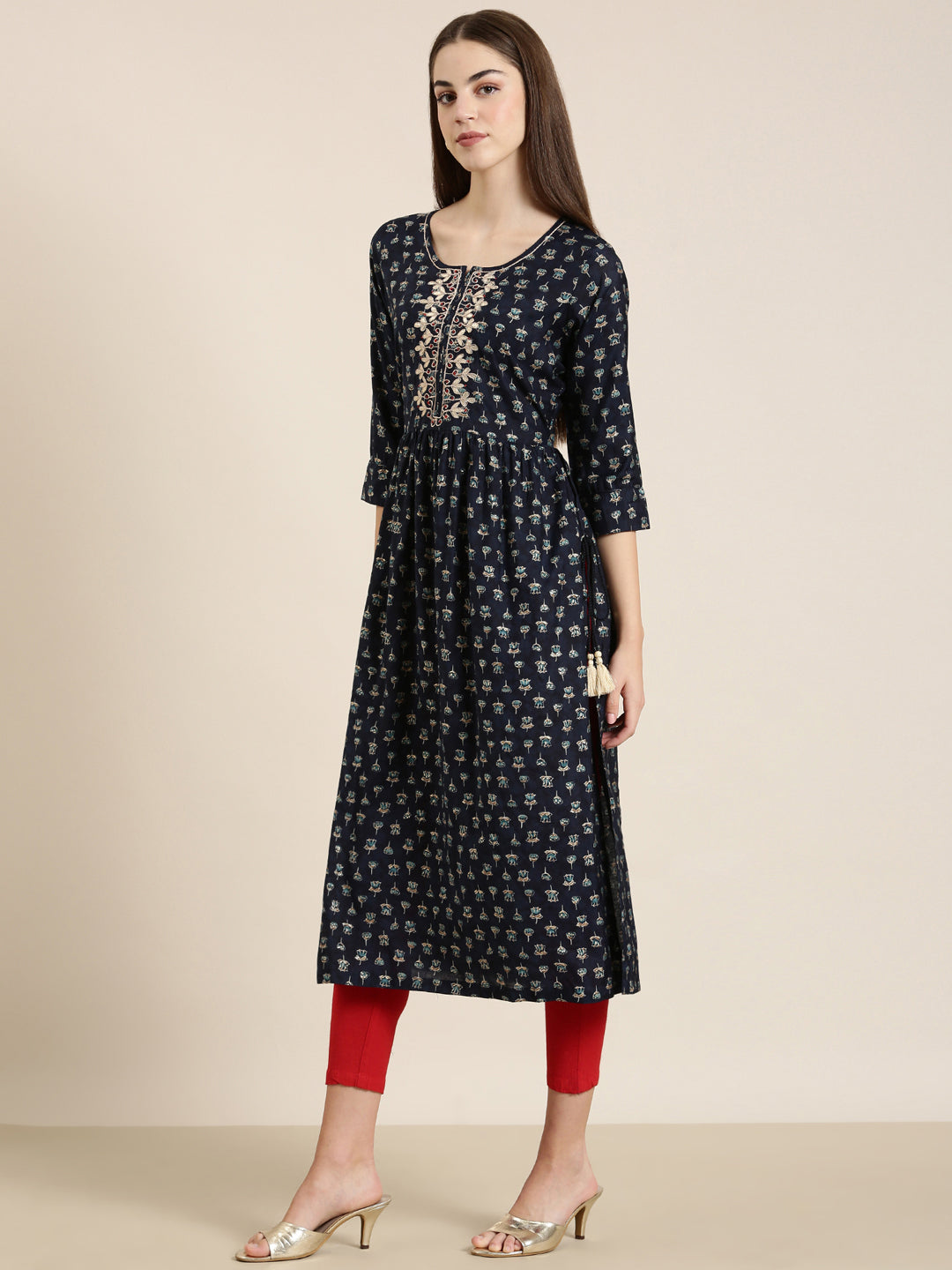 Women Navy Blue Floral A-Line Kurta