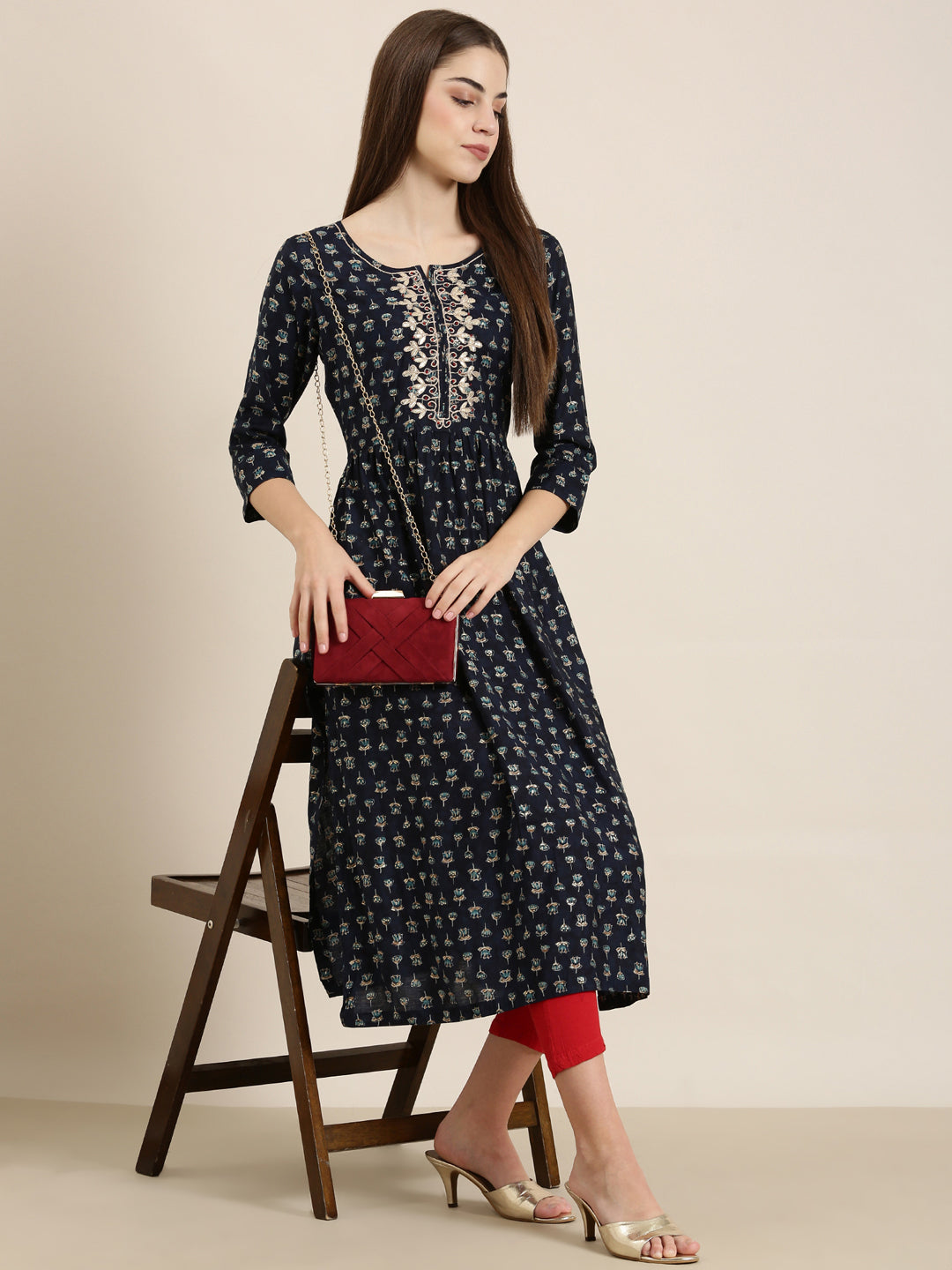 Women Navy Blue Floral A-Line Kurta