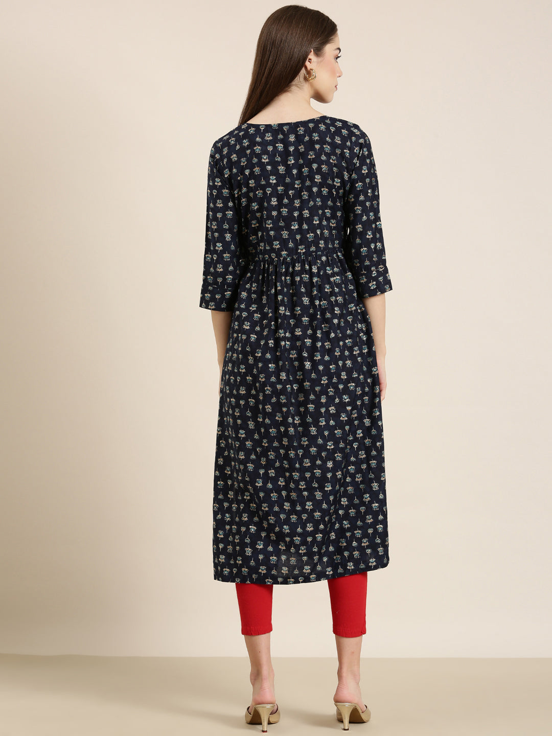 Women Navy Blue Floral A-Line Kurta