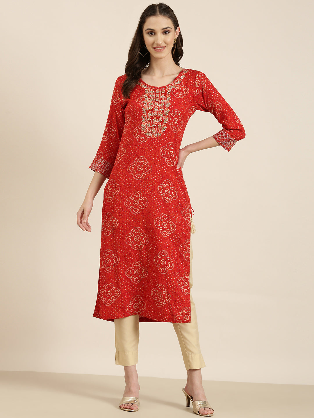 Women Red Printed Straight Kurta