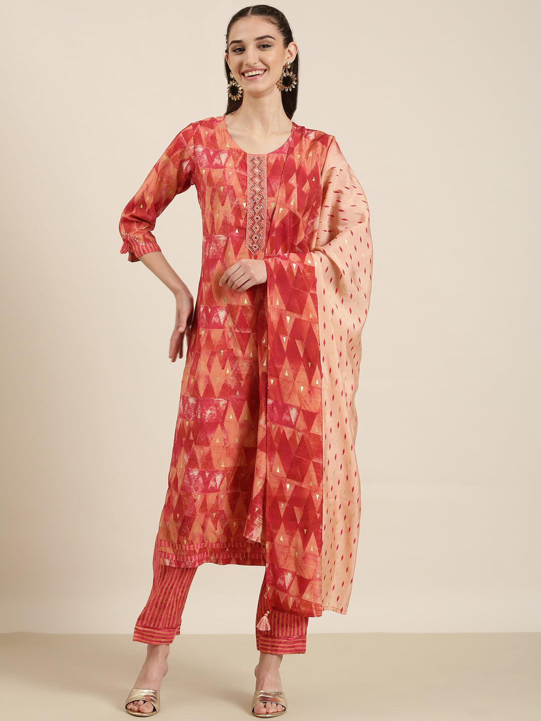 Women Red Geometrical Kurta Set