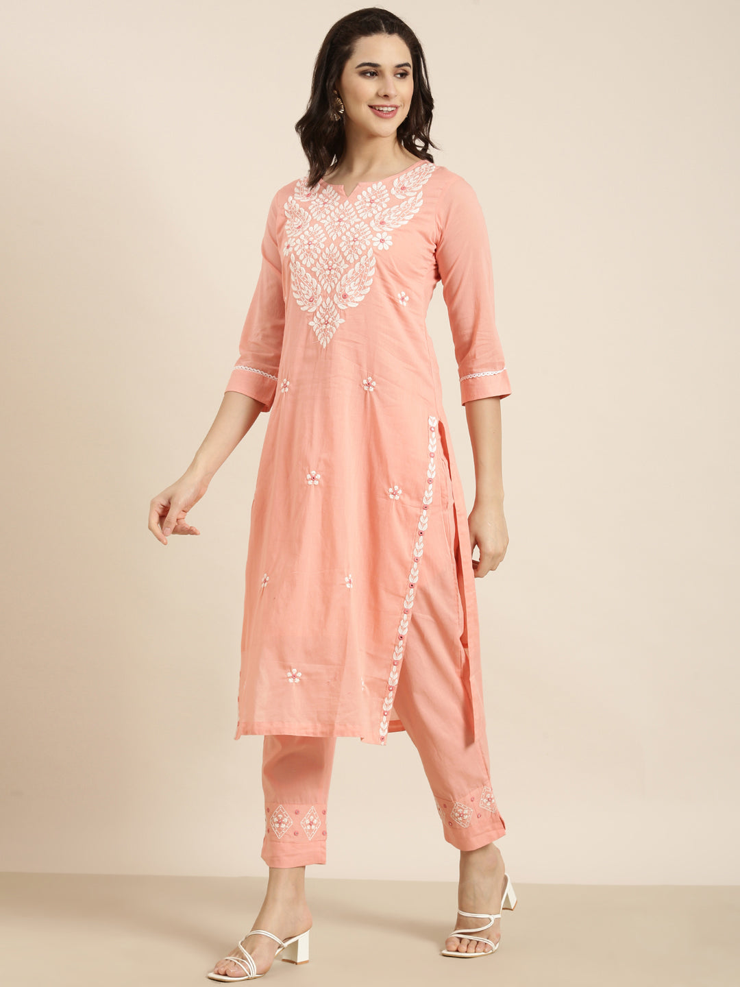 Women Straight Peach Solid Kurta and Trousers Set Comes With Dupatta