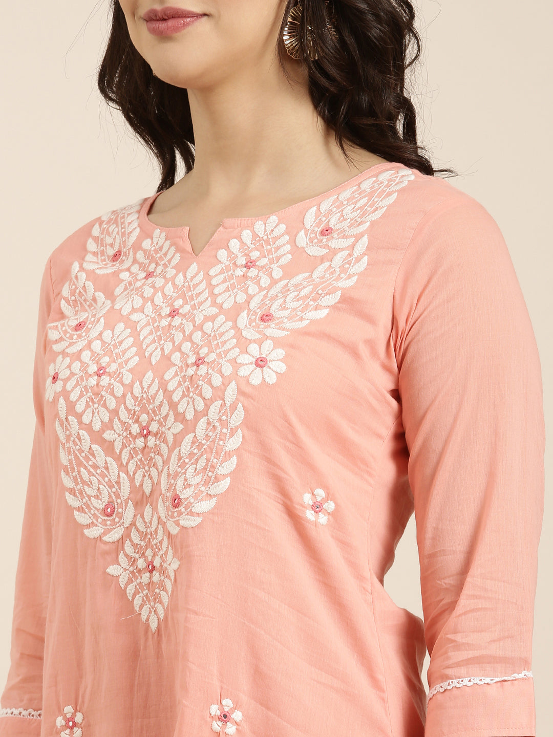 Women Straight Peach Solid Kurta and Trousers Set Comes With Dupatta
