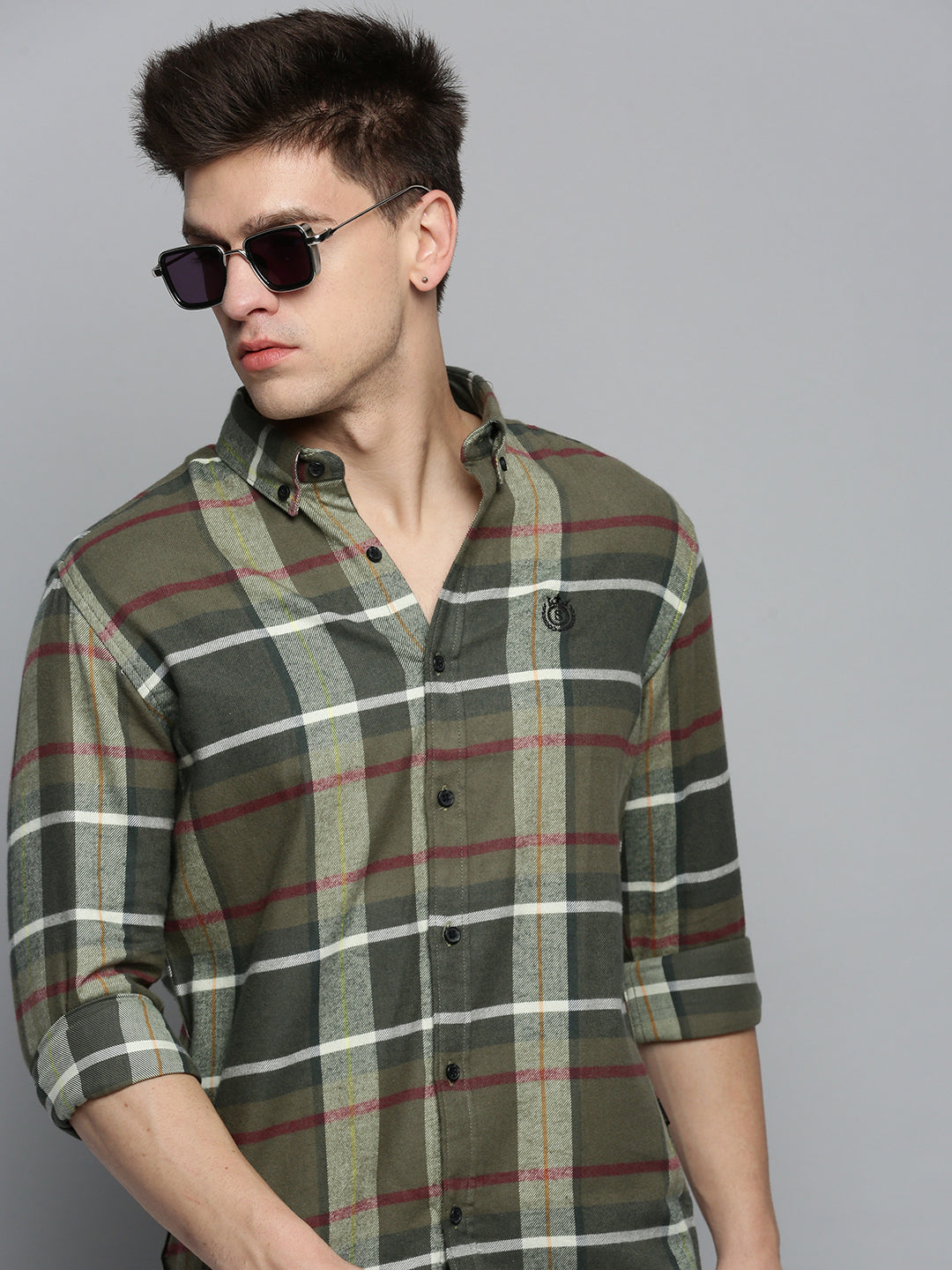 Men Green Checked Casual Shirt