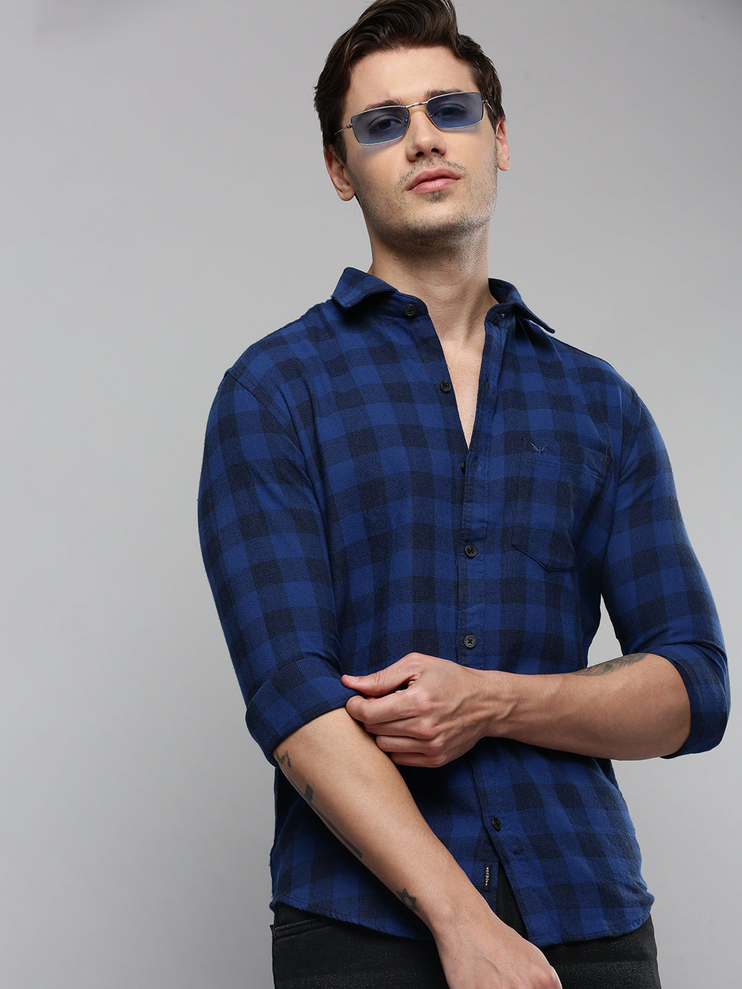 Men Blue Checked Casual Shirt