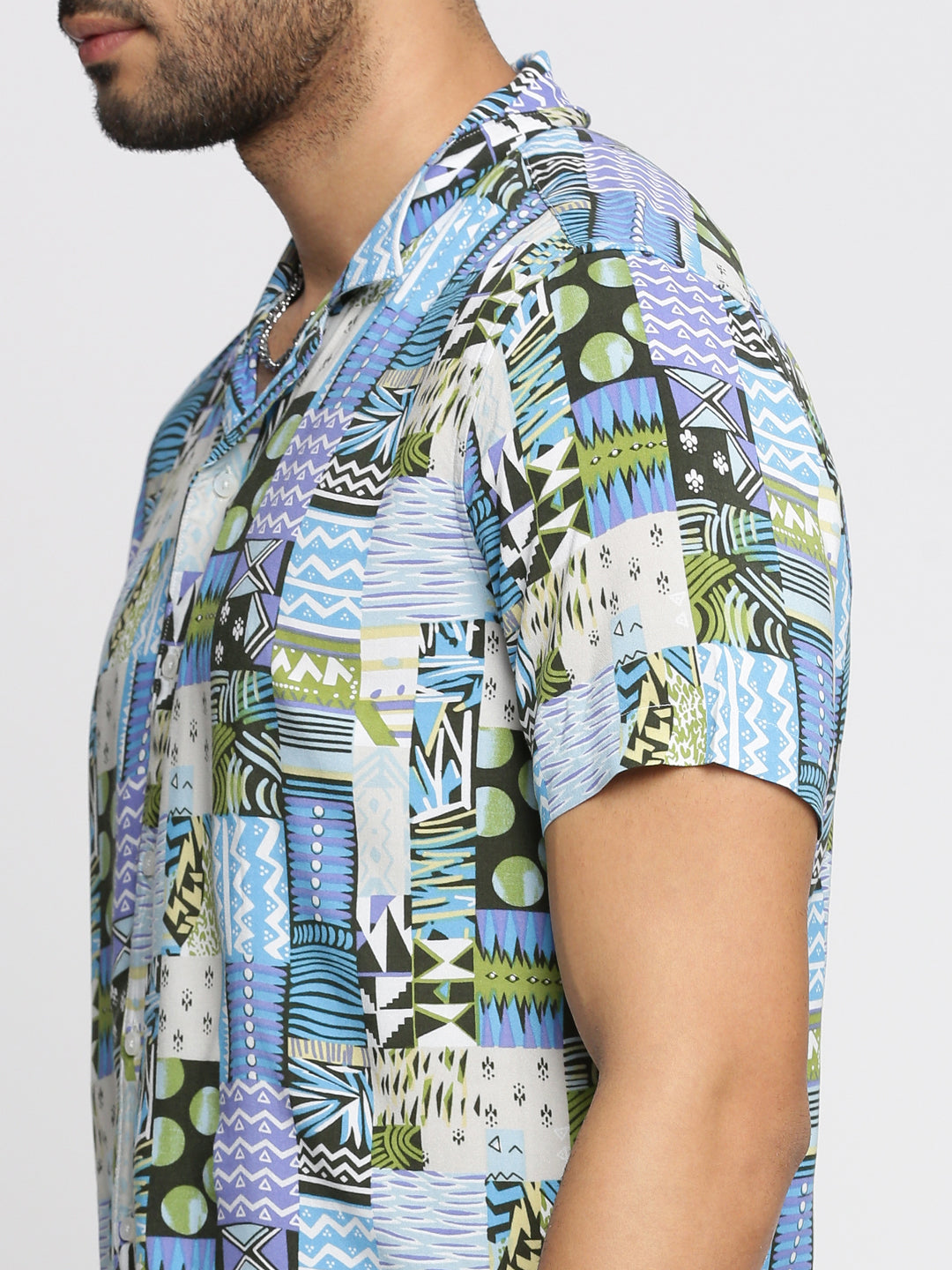 Men Blue Cuban Collar Printed Over Sized Co-ords Set