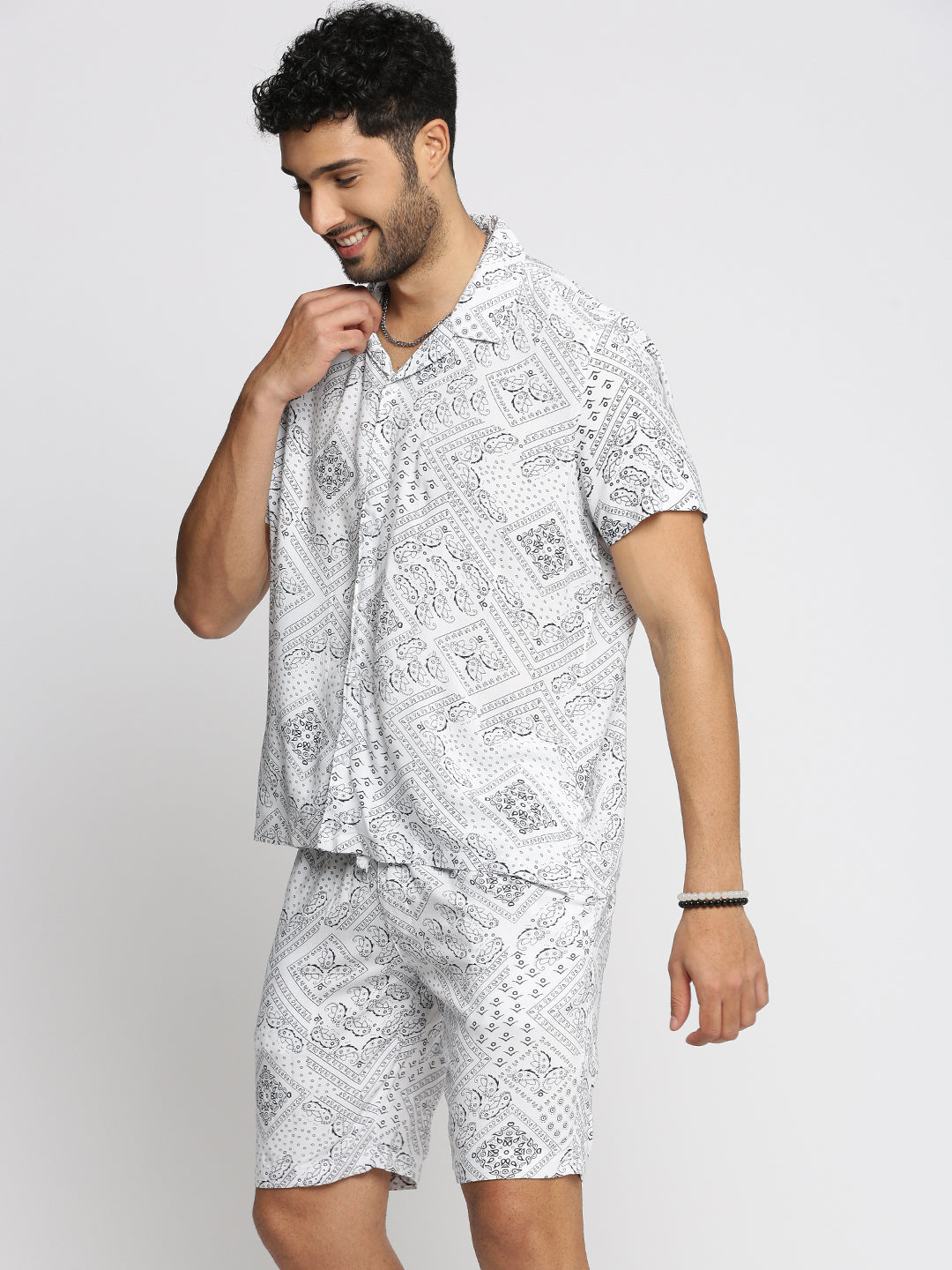 Men White Cuban Collar Printed Over Sized Co-ords Set