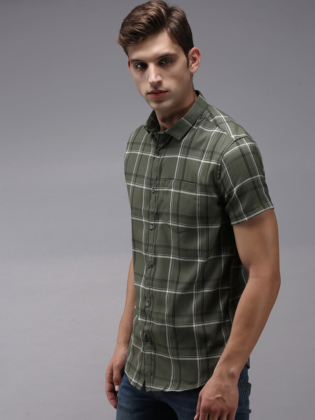 Men Green Checked Casual Shirt