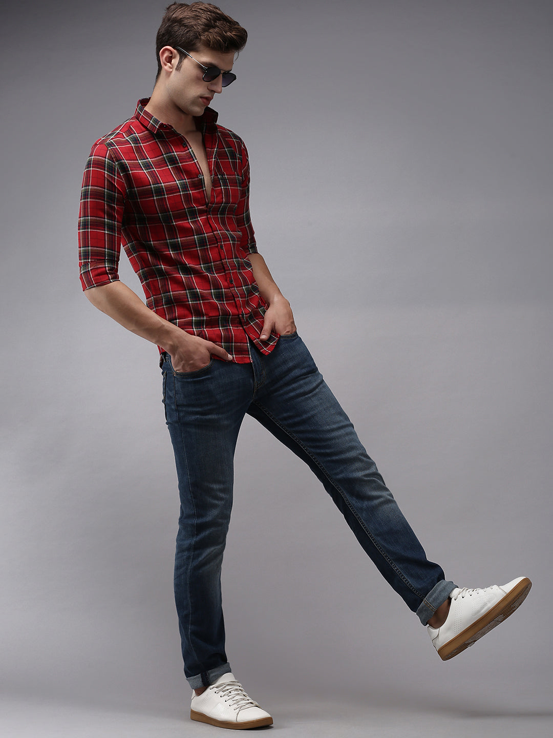 Men Red Checked Casual Shirt