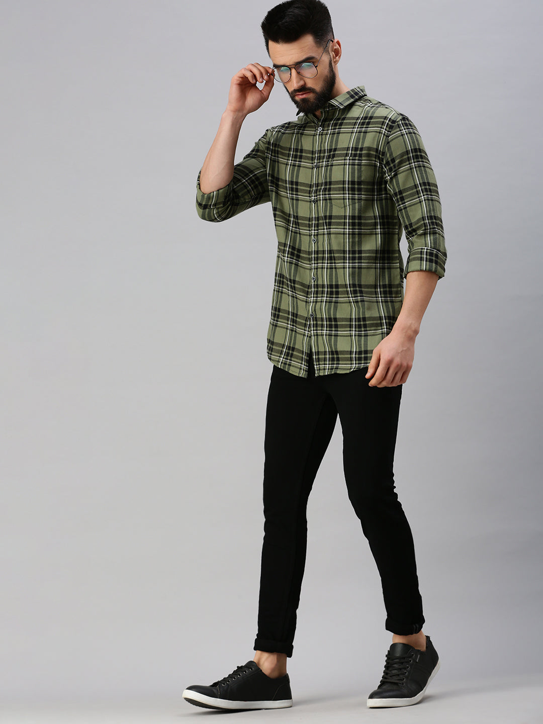 Men Olive Checked Casual Shirt
