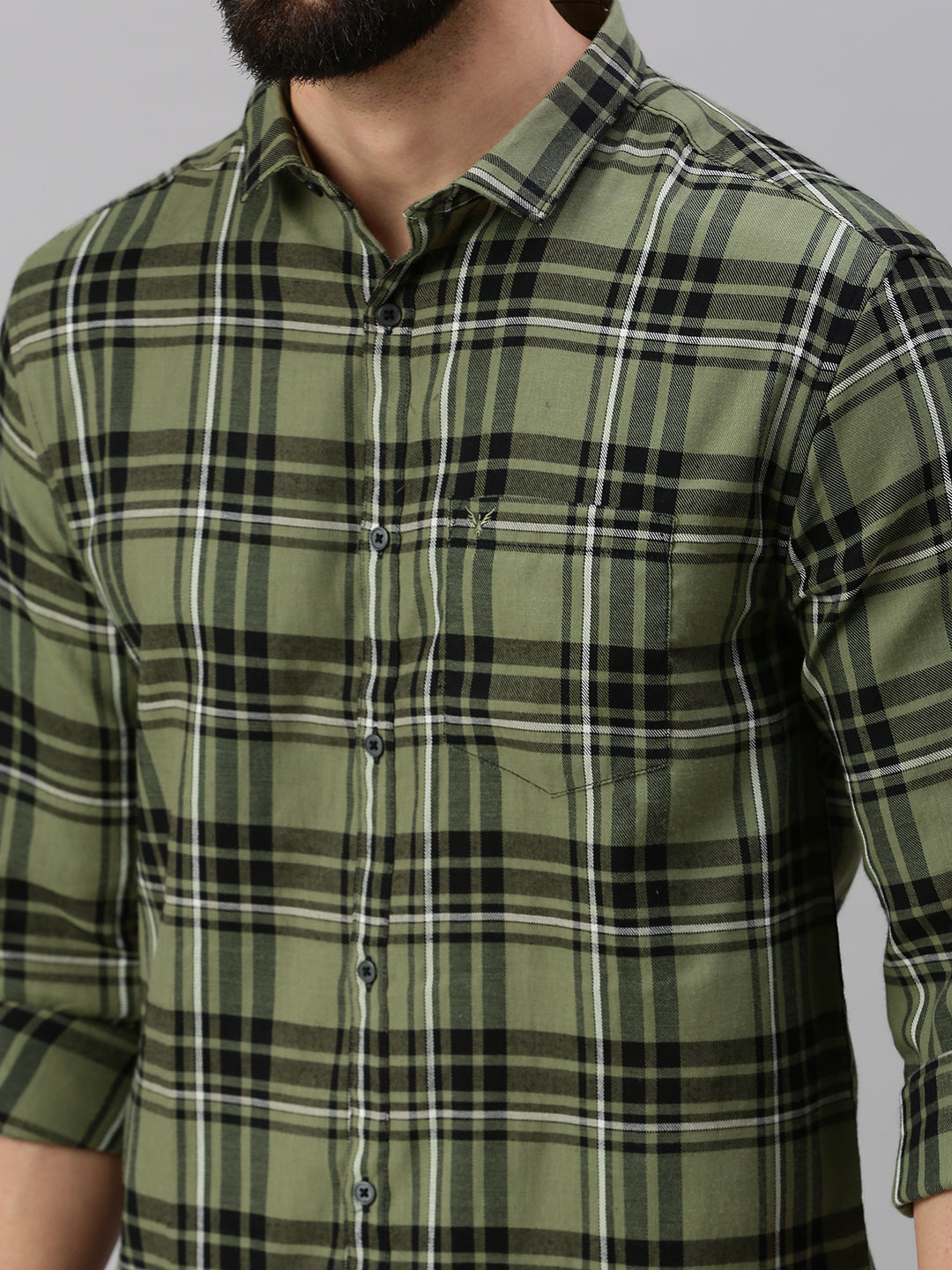Men Olive Checked Casual Shirt