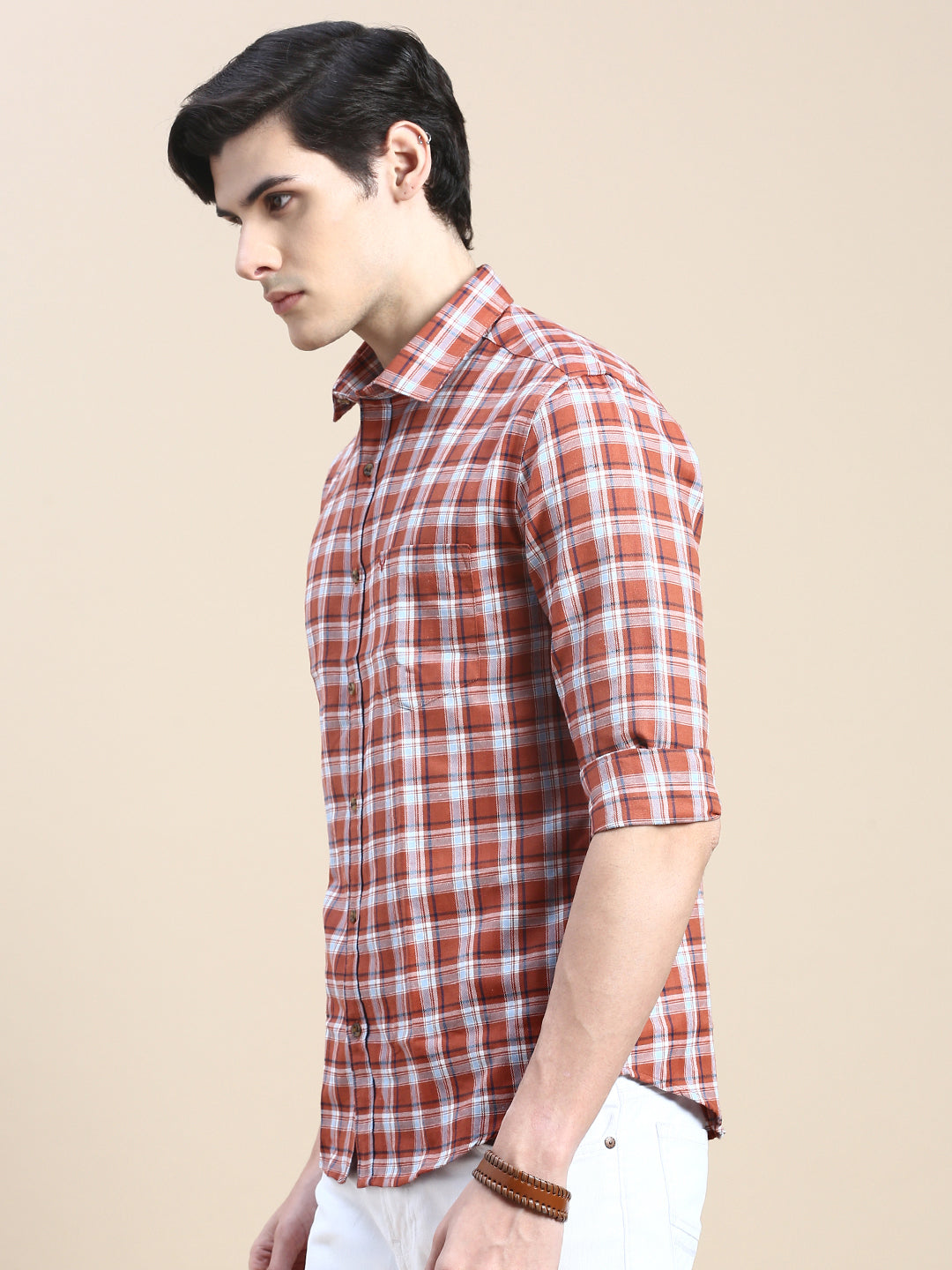 Men Rust Checked Casual Shirt