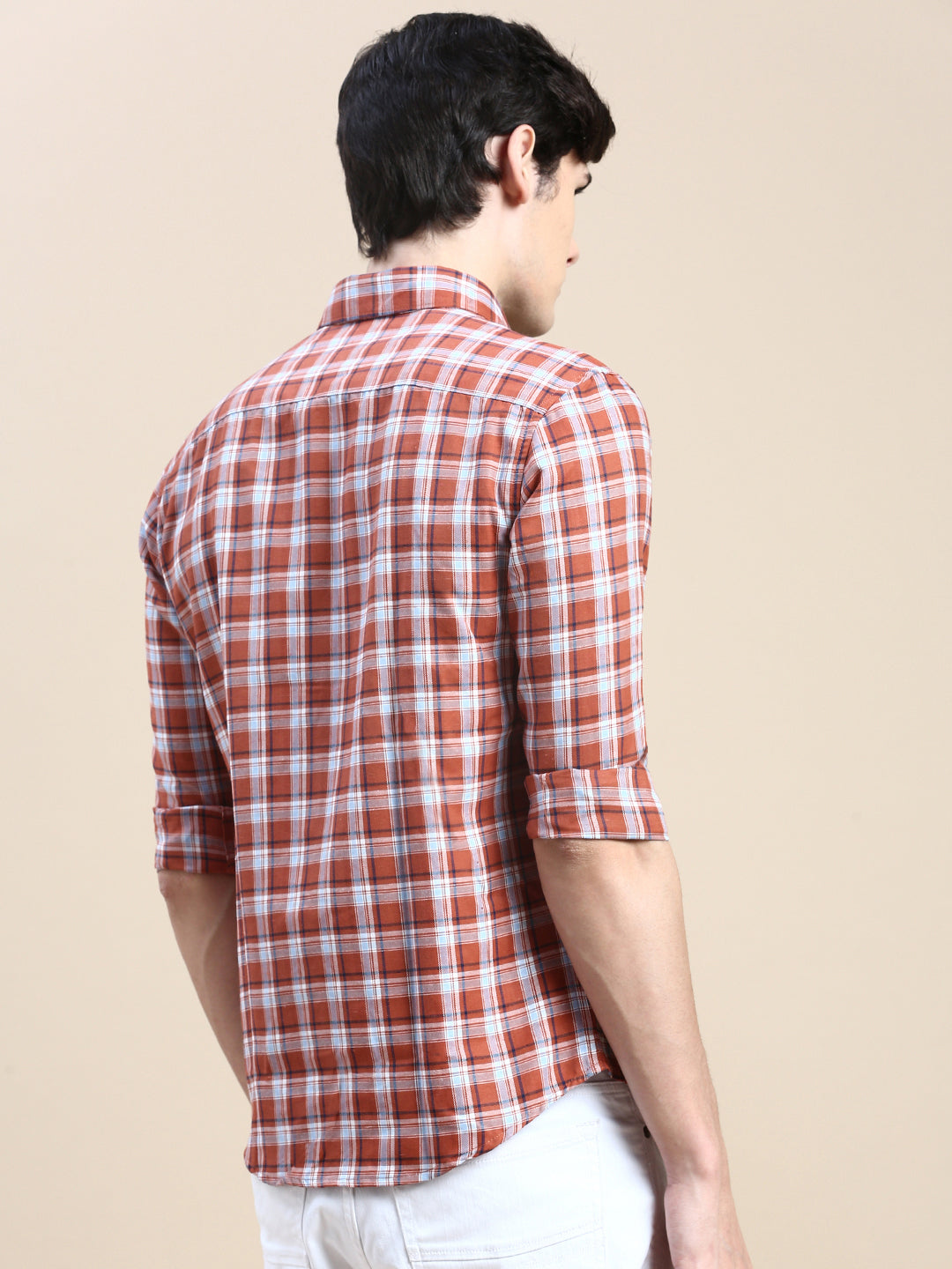 Men Rust Checked Casual Shirt