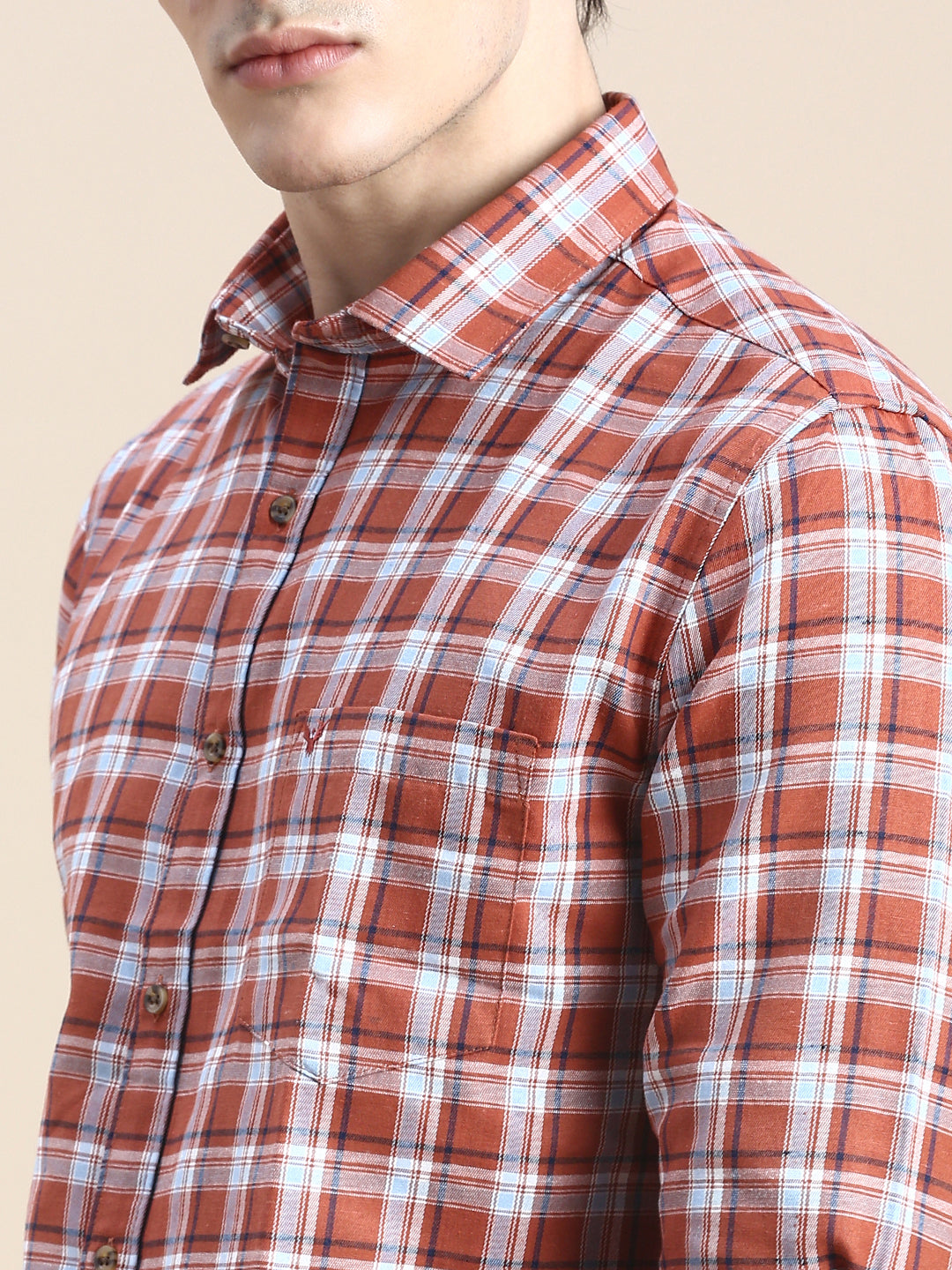 Men Rust Checked Casual Shirt