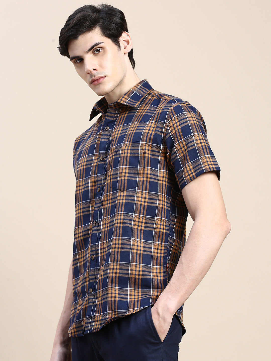 Men Navy Checked Casual Shirt