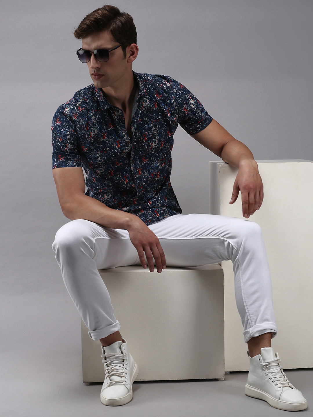 Men Blue Printed Casual Shirt