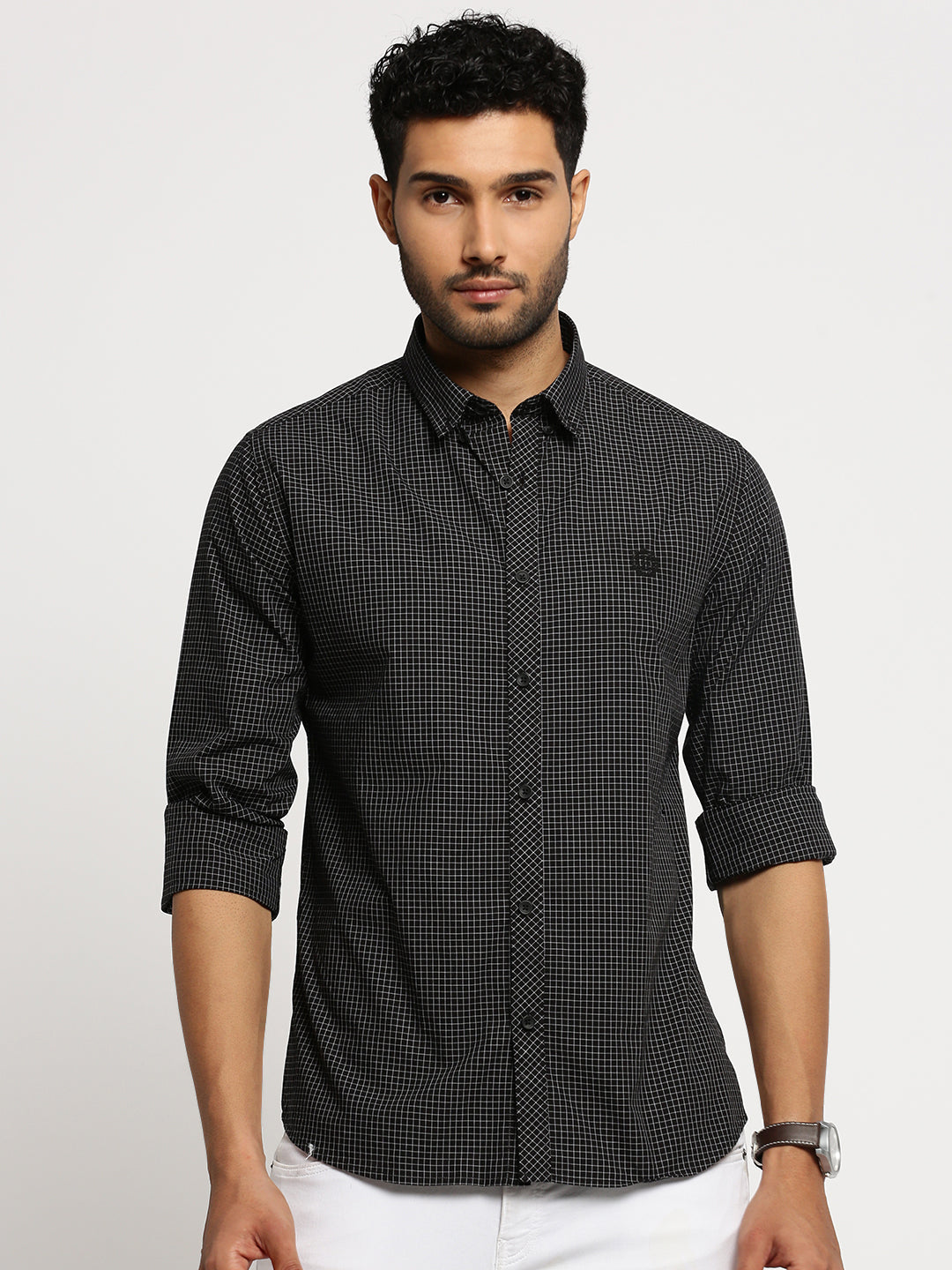 Men Black Spread Collar Micro Checks Shirt