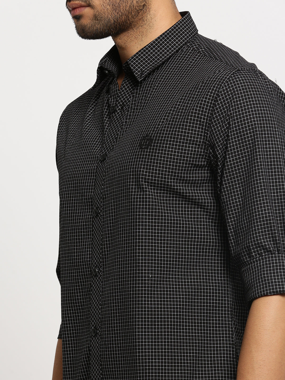 Men Black Spread Collar Micro Checks Shirt