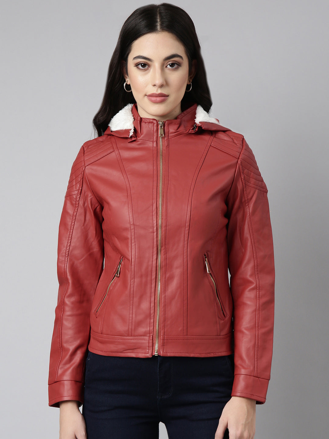 Women Solid Rust Biker Jacket Comes with Detachable Hood