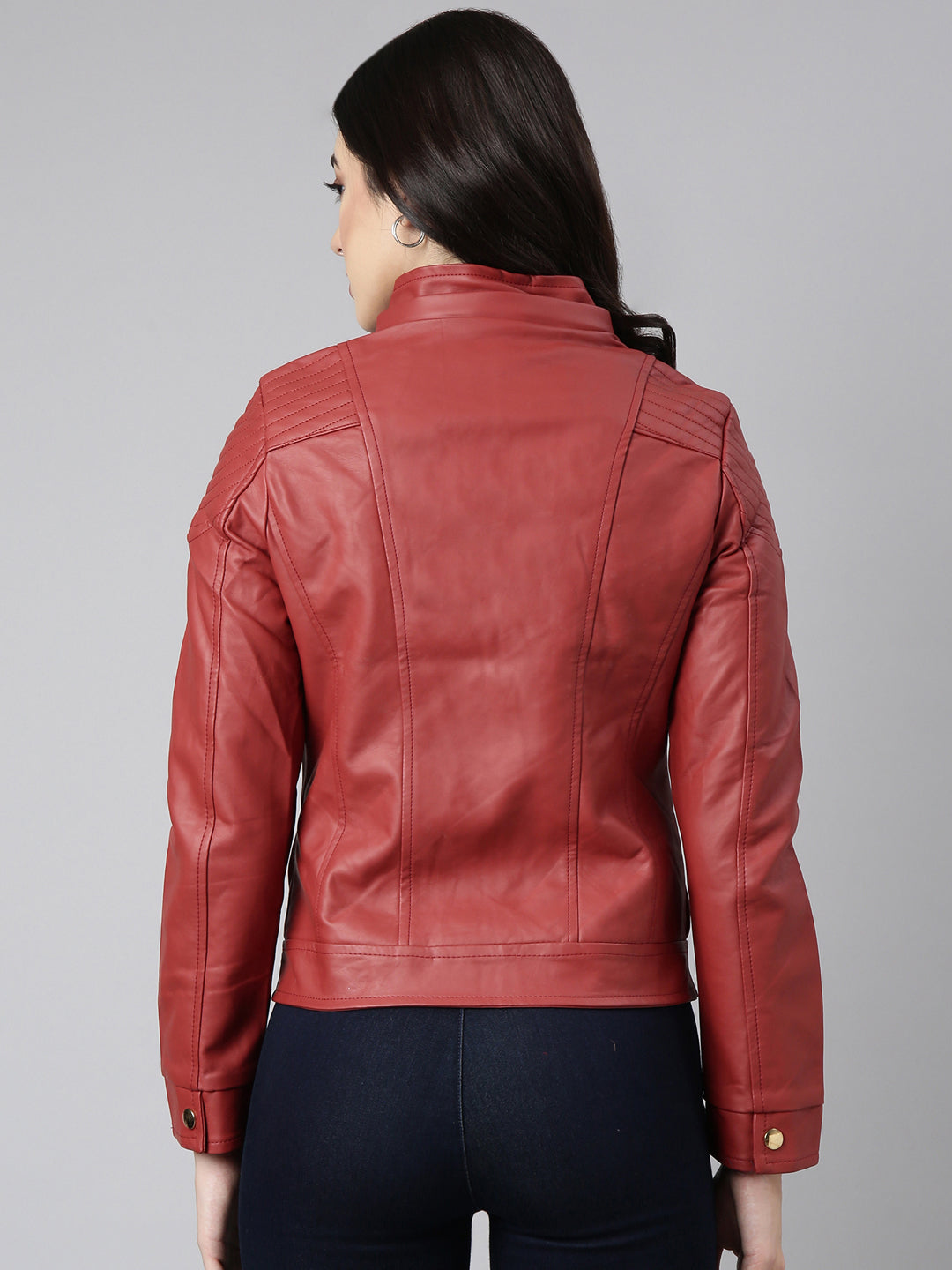 Women Solid Rust Biker Jacket Comes with Detachable Hood