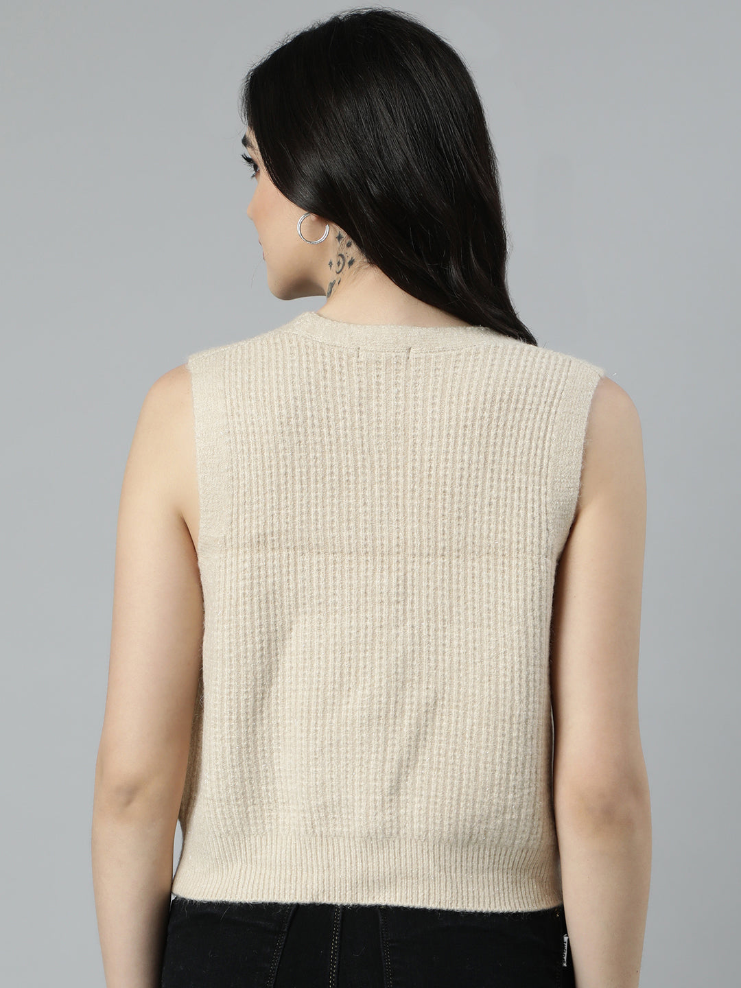 Women Solid Beige Sweater Vest