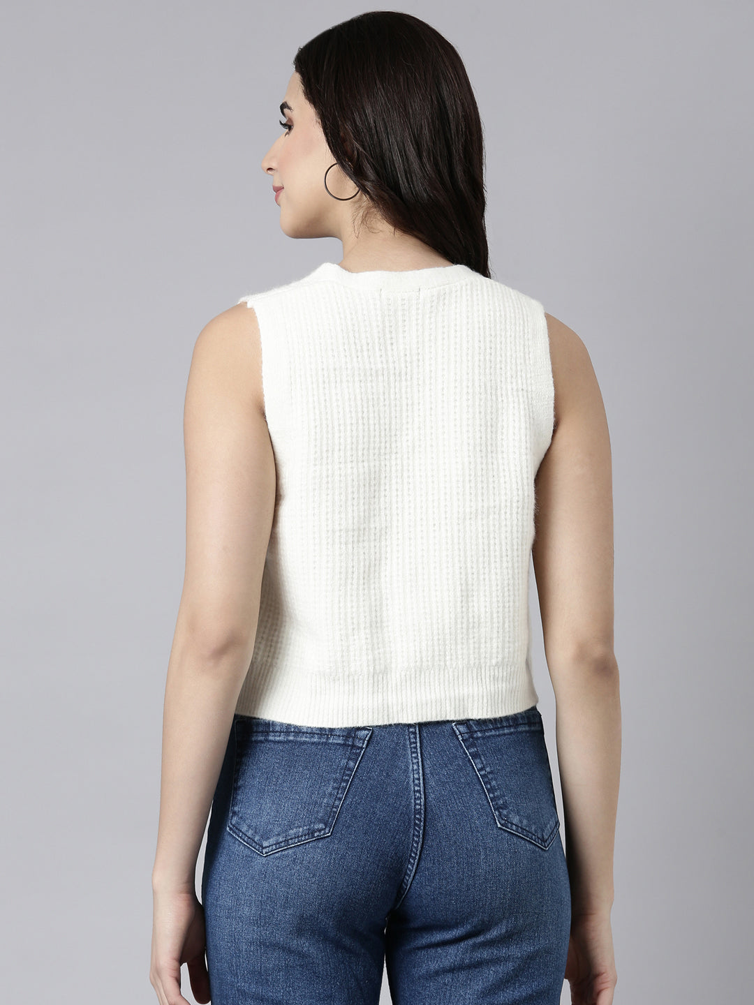 Women Solid Cream Sweater Vest