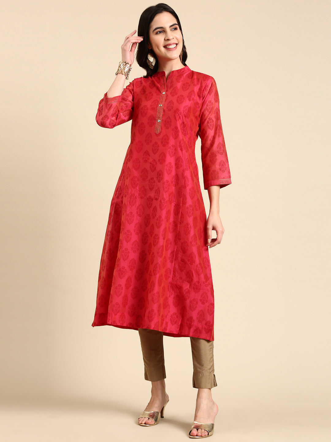 Women's Pink Printed A-Line Kurta