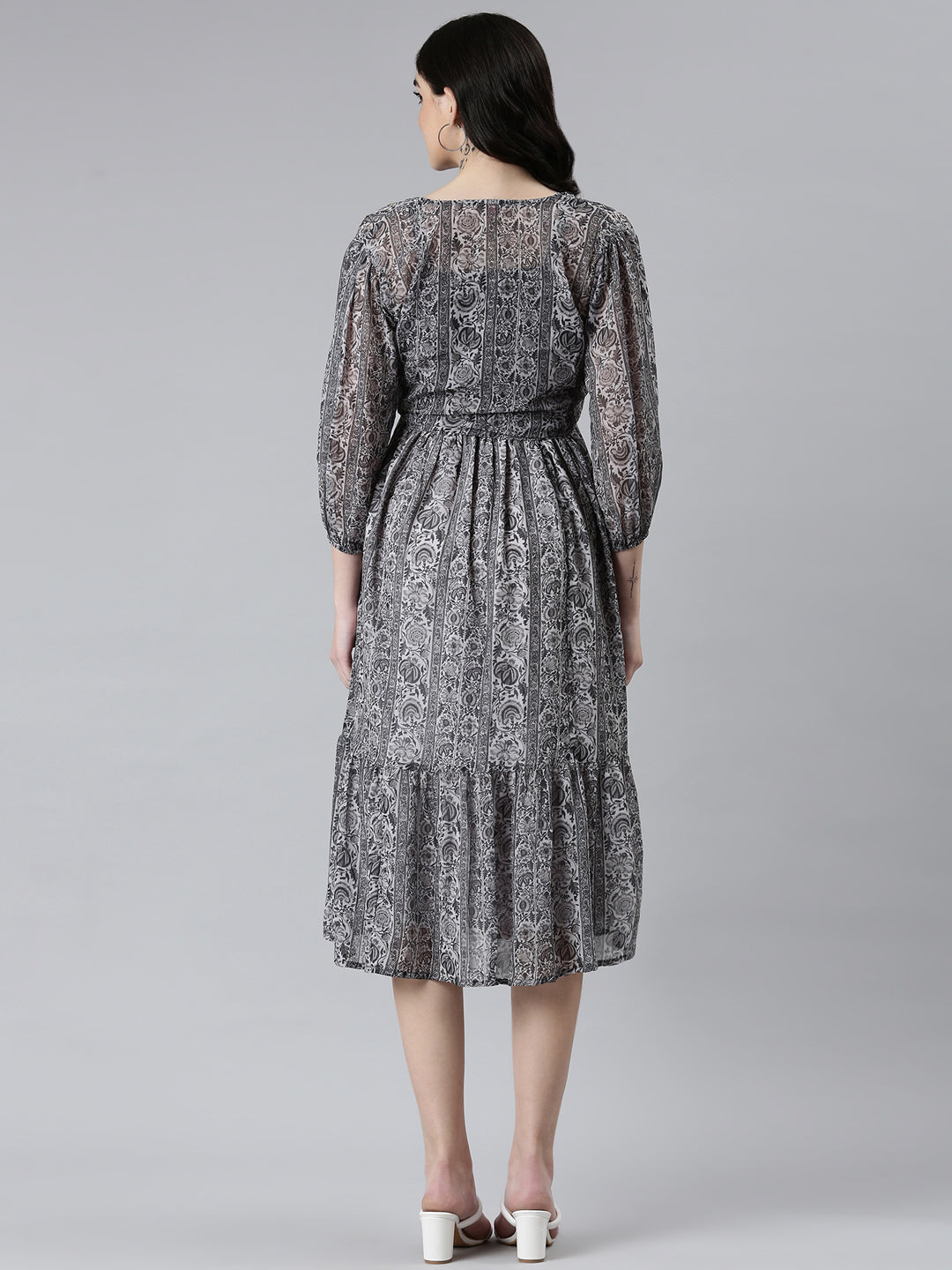 Women Grey Floral Fit and Flare Dress