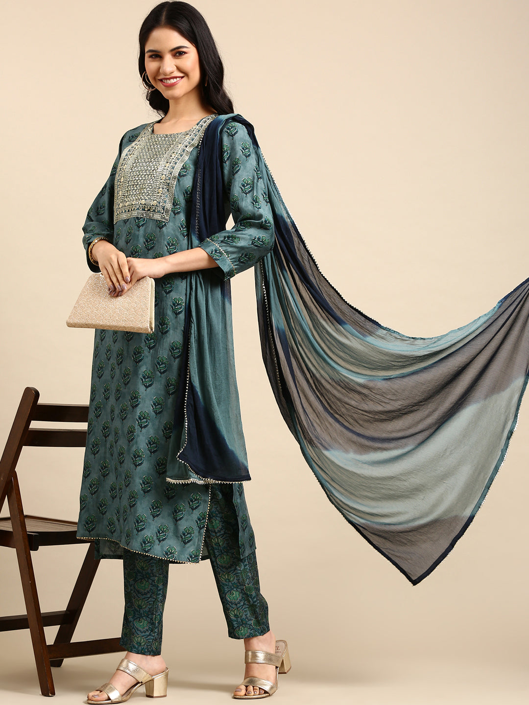 Women's Blue Printed  Kurta Set