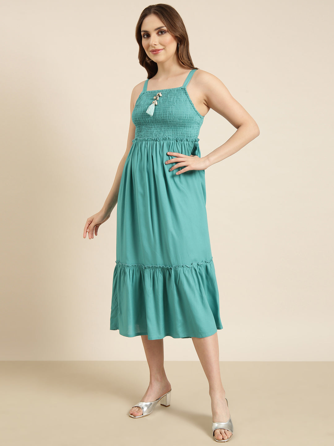 Women Turquoise Blue Solid Empire Dress