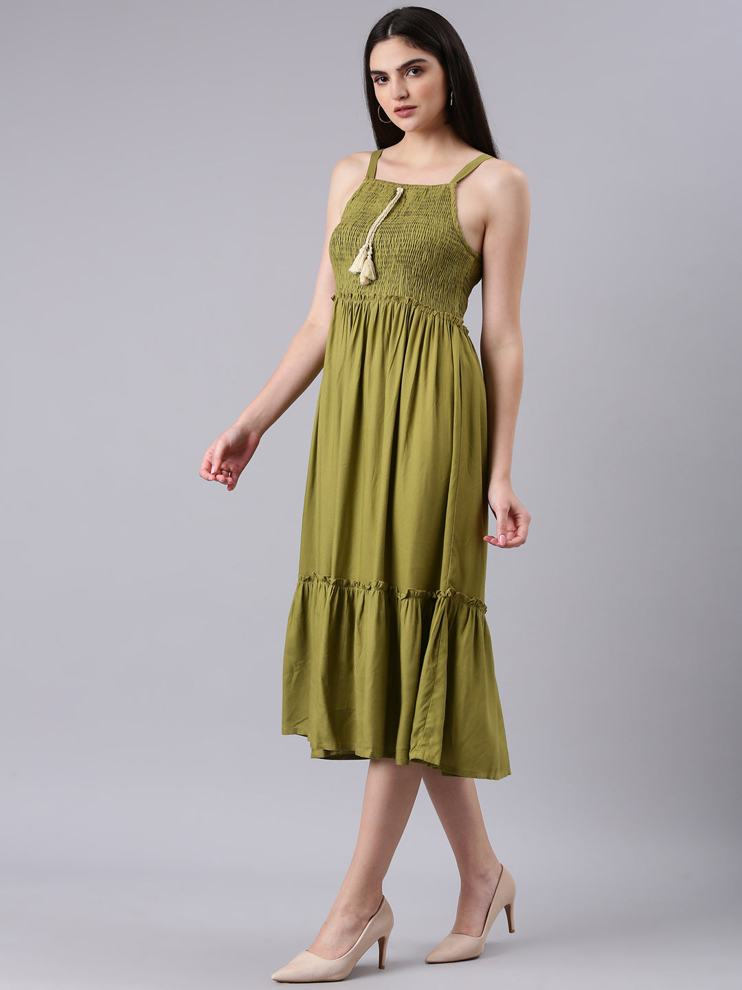 Women Olive Solid Fit and Flare Dress