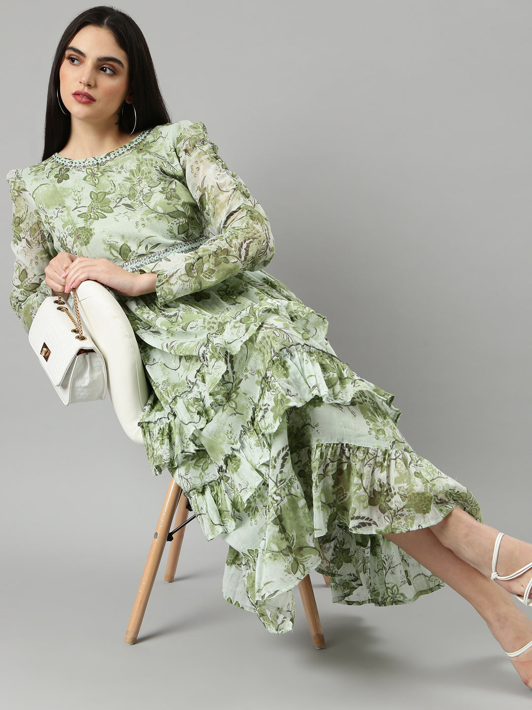 Women Sea Green Floral Fit and Flare Dress