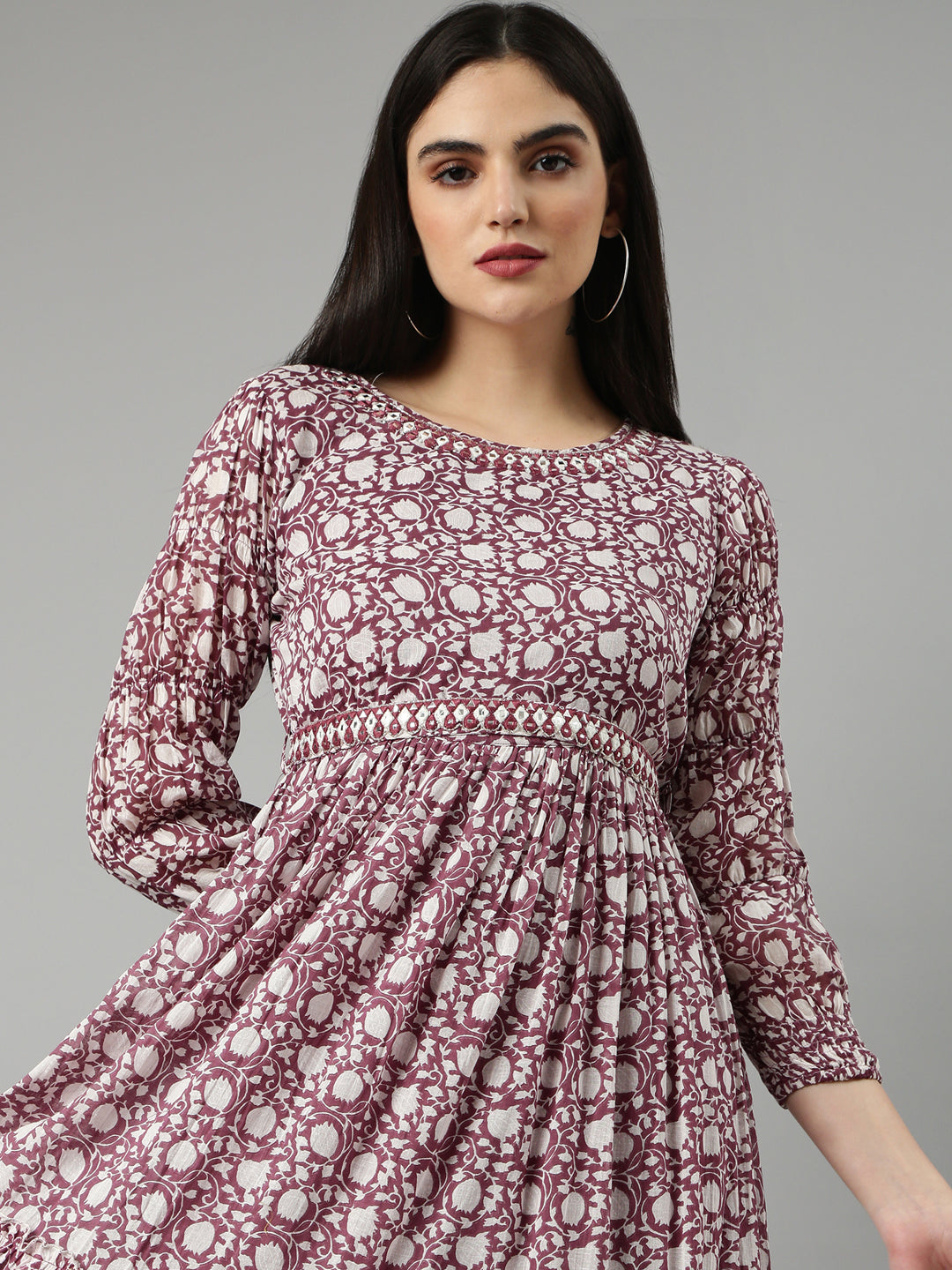 Women Mauve Floral Fit and Flare Dress