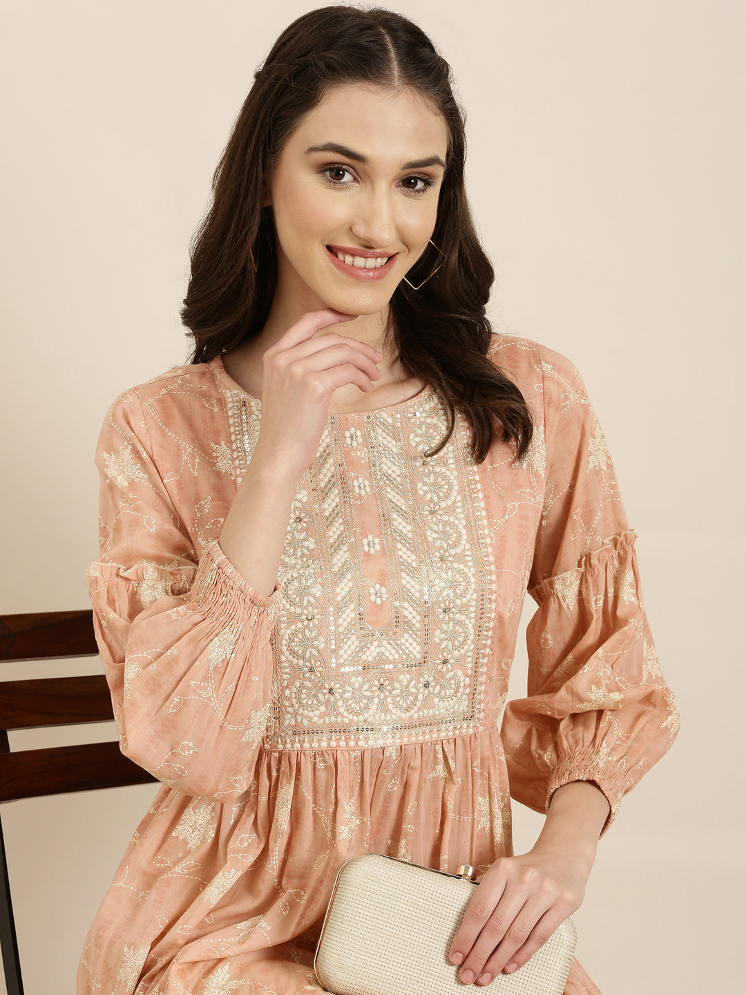 Women Peach Floral Anarkali Kurta