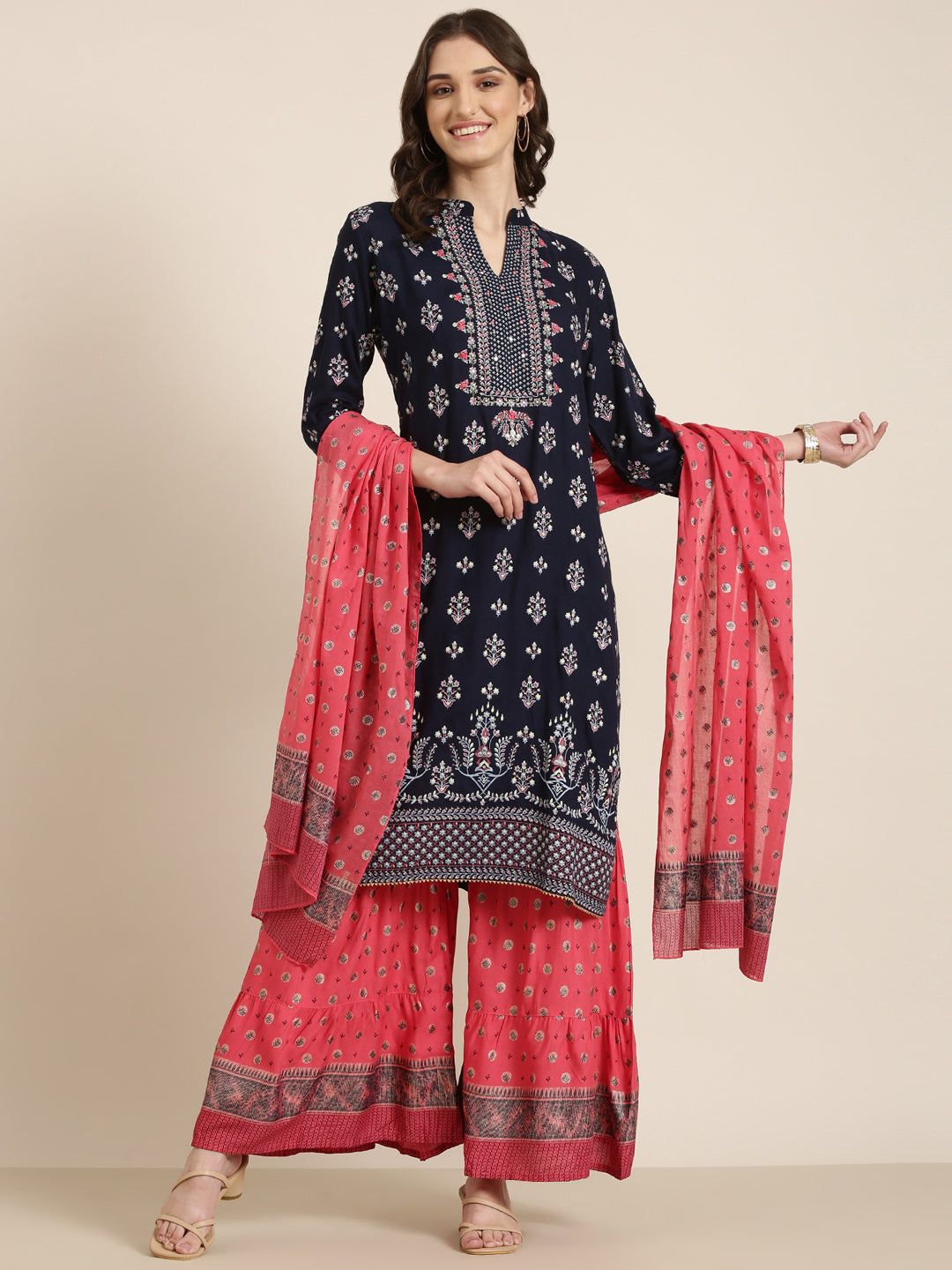 Women Navy Blue Floral Kurta Set