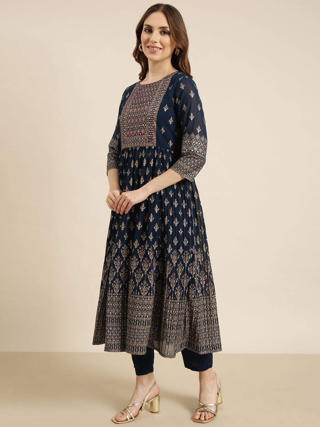 Women Anarkali Teal Ethnic Motifs Kurta and Trousers Set Comes With Dupatta