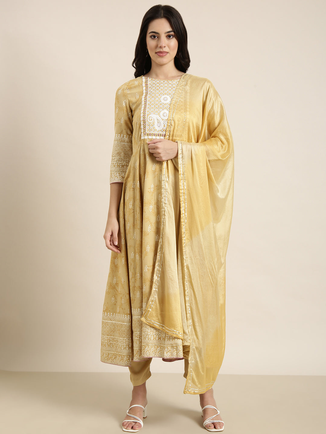 Women Anarkali Beige Floral Kurta and Trousers Set Comes With Dupatta