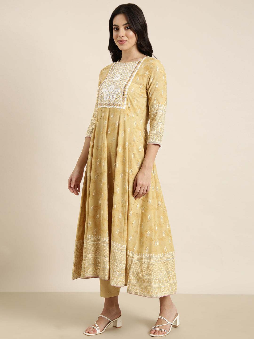 Women Anarkali Beige Floral Kurta and Trousers Set Comes With Dupatta