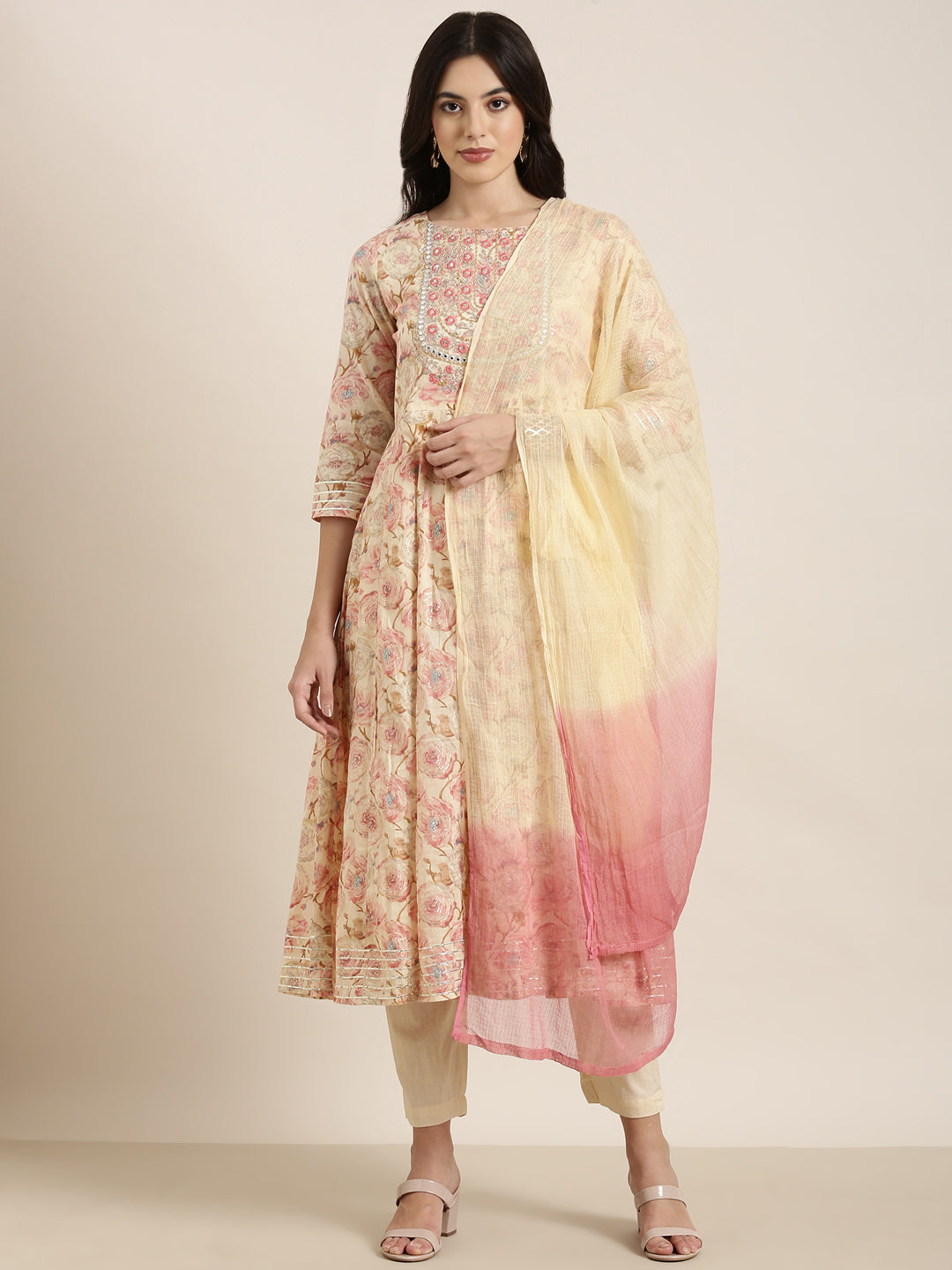 Women Anarkali Cream Floral Kurta and Trousers Set Comes With Dupatta
