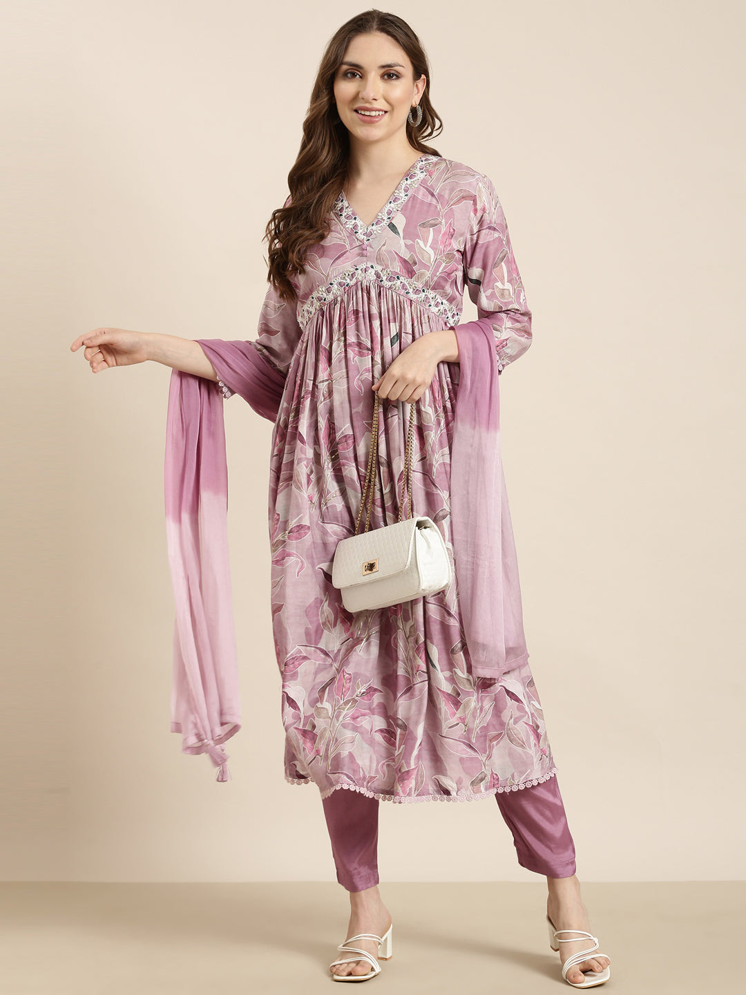 Women Anarkali Lavender Floral Kurta and Trousers Set Comes With Dupatta