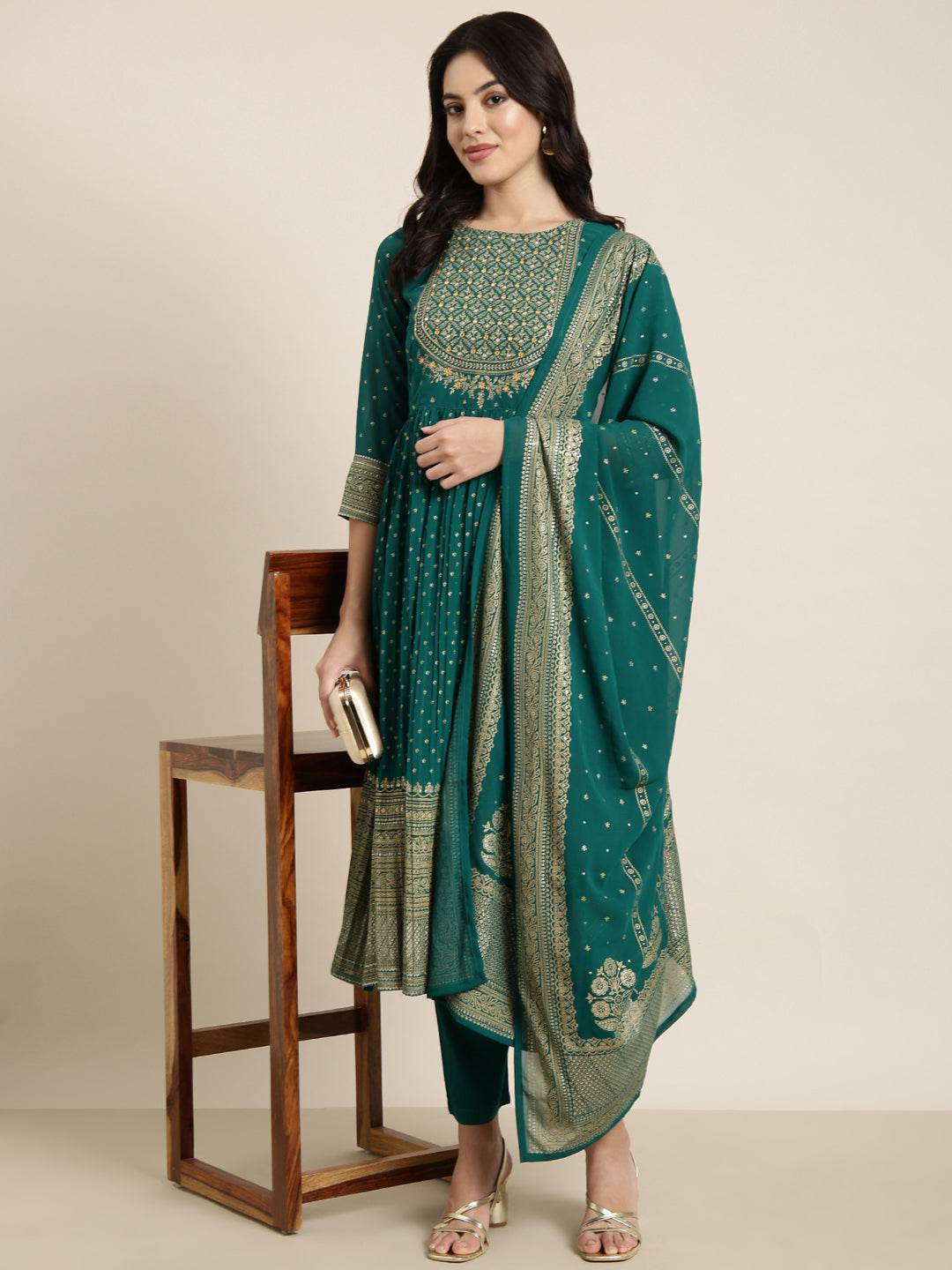 Women Anarkali Green Ethnic Motifs Kurta and Trousers Set Comes With Dupatta