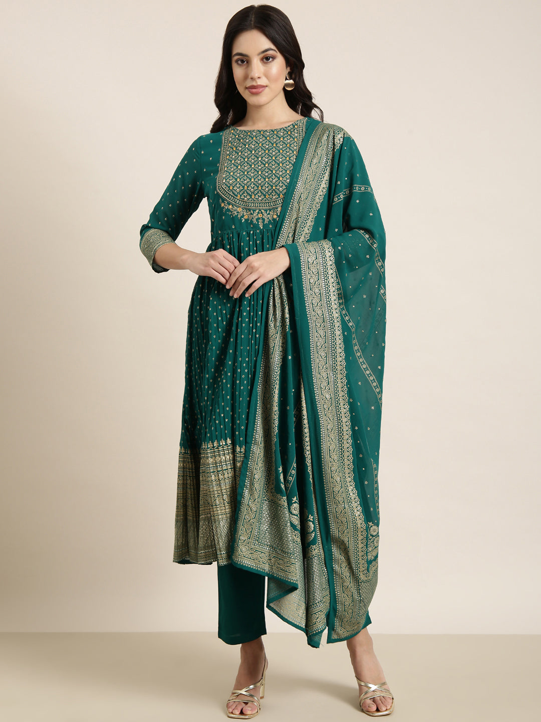 Women Anarkali Green Ethnic Motifs Kurta and Trousers Set Comes With Dupatta