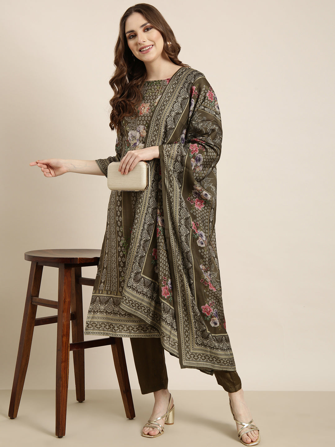 Women Straight Olive Floral Kurta and Trousers Set Comes With Dupatta