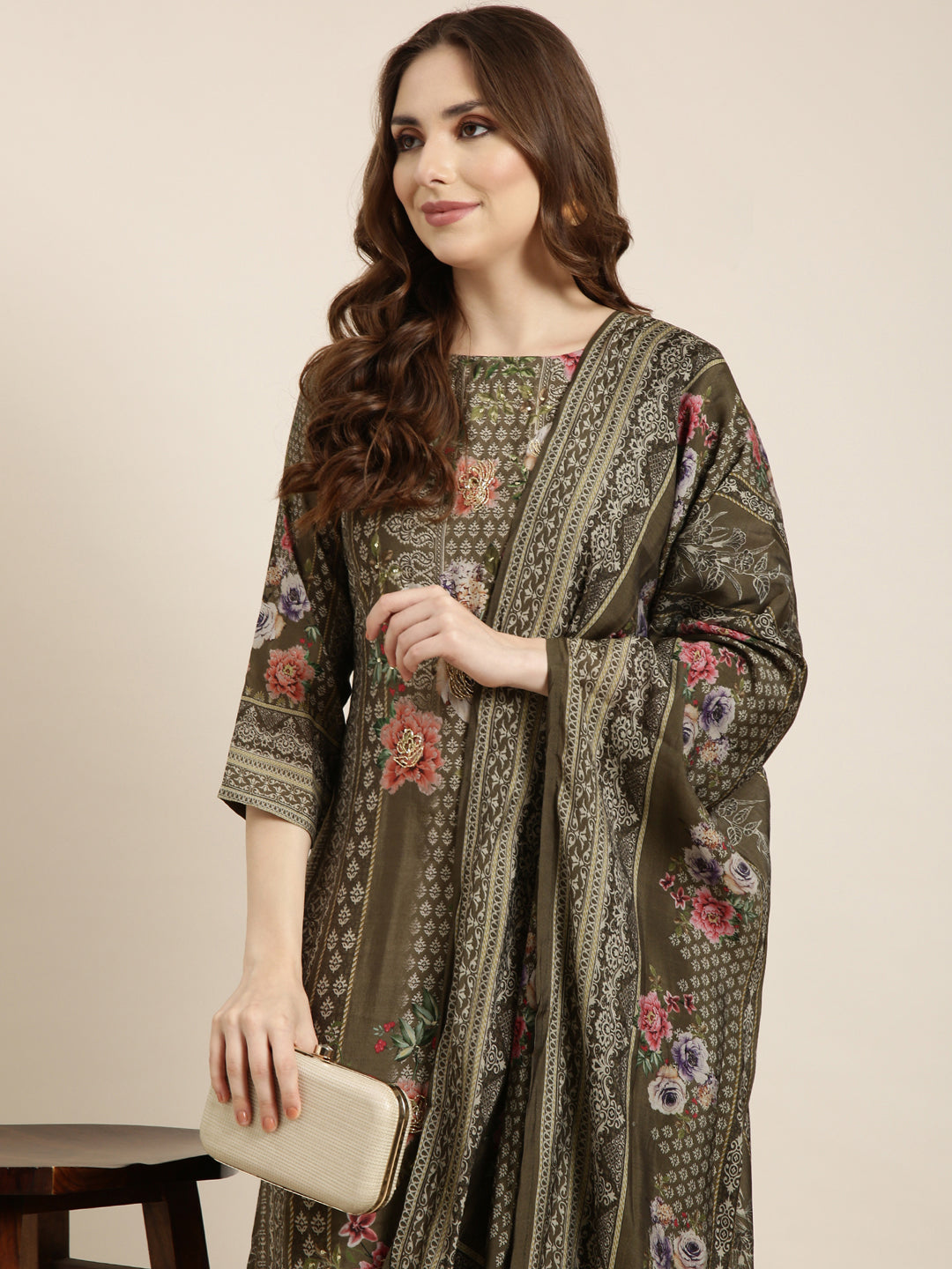 Women Straight Olive Floral Kurta and Trousers Set Comes With Dupatta